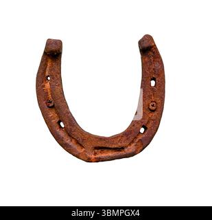 Altes, rostiges Eisenhufeisen isoliert auf weiß Stockfoto
