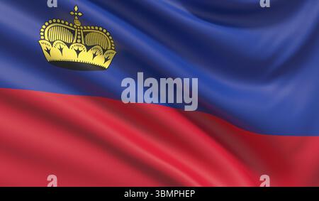 Flagge von Liechtenstein. Gewellte, detailreiche Textur. 3D-Abbildung Stockfoto