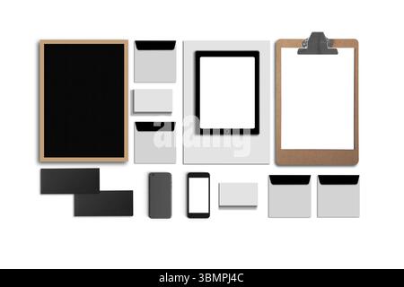 Leere Corporate ID. Set isoliert auf Weiss. Bestehen aus Visitenkarten, Ordner, Tablet PC, Briefumschläge, a4 Briefpapier, Notebooks, Flash, Bleistift, CD-Laufwerk Stockfoto