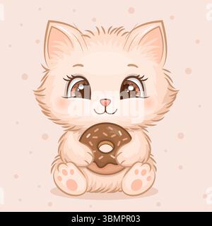 Niedliche flauschige Cartoon Cat-Figur mit einem Schokoladenkrapfen. Vektorillustration in weichen Pastelltönen des Tieres. Stock Vektor