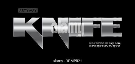 Metallic-Chrom-Alphabet, scharfe, kräftige schwere Buchstaben, polierte Stahlschrift für industrielles Logo-Zeichen, kraftvolle Überschrift, Industriemetalltypografie Stock Vektor