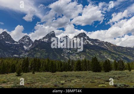 Dies ist ein Blick auf die Teton Range des Grand Teton National Park, Wyoming, USA. Diese Aussicht ist vom Teton Glacier am südlichen Ende des Parks. Stockfoto