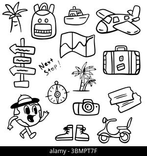 Set mit Kritzelschildern für die Reise. Tourismus- und Sommerabenteuer-Ikonen im Retro-Cartoon-Stil. Clip-Art-Elemente für unterwegs. Stock Vektor