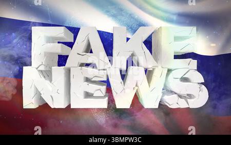 3D-Illustration des Fake News Konzepts mit Hintergrundflagge von Russland Stockfoto