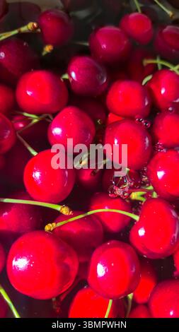 Große Kirschen in einer großen Schüssel in Wasser. Wasser fließt, Obst vor dem Essen waschen. Vitamine Stockfoto