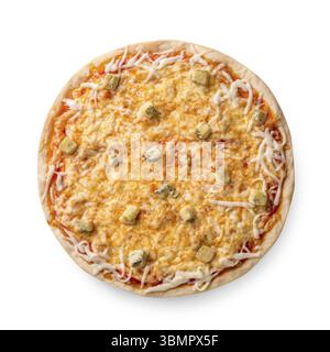 Ansicht von oben auf weißem eines ganzen frisch gebackene leckere vier Käsesorten italienische Pizza auf weißem Hintergrund. Immer noch leben. Platz kopieren Stockfoto