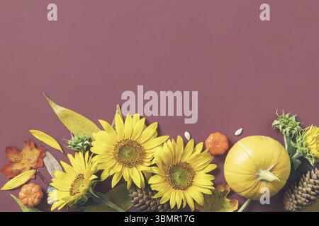 Herbstkomposition. Kreatives Layout aus festlichem Herbstdekor mit Kürbissen, Sonnenblumen und Blättern auf braunem Hintergrund. Natur Trendy Dekorative De Stockfoto
