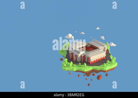 3D-Illustrator Fußballstadion in Anfield, Liverpool, England. 3d-Rendering Hintergrund für niedrige Polygongeometrie. Abstrakte Polygonale Geometrische Form. Tiefpunkte Stockfoto