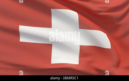 Die Nationalflagge der Schweiz schwenkt. Hochdetailliertes 3D-Rendering mit Nahaufnahme Stockfoto