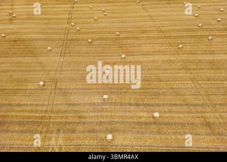Luftaufnahme vieler Strohballen auf einem landwirtschaftlichen Feld im trockenen Sommer, Deutschland, Europa Stockfoto