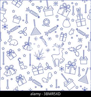 Nahtloses weihnachtsmuster mit Geschenken, Strümpfen, Rentieren und Fäustlingen in blauem und weißem Vektor Stock Vektor