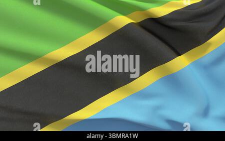 Die Nationalflagge von Tansania schwenkt. Hochdetailliertes 3D-Rendering mit Nahaufnahme Stockfoto