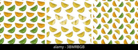Zitrusfrüchte bunte saisonale Hintergründe Bundle mit nahtlosen Mustern aus ZitronenLimette und Orangenscheiben. Isolierte Vektor-Illustration Umhüllung oder Hintergrundbild Hintergrundkarte, Poster, Banner, Gruß, Etikett Stock Vektor