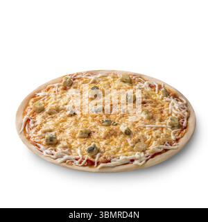 Ansicht von oben auf weißem eines ganzen frisch gebackene leckere vier Käsesorten italienische Pizza auf weißem Hintergrund. Immer noch leben. Platz kopieren Stockfoto