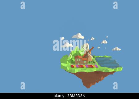 3D-Illustrator von Zaanse Schans Windmühle Village, Niederlande, 3D-Darstellung von Hintergrund mit niedriger Polygongeometrie. Abstrakte Polygonale Geometrische Form. Lowpo Stockfoto
