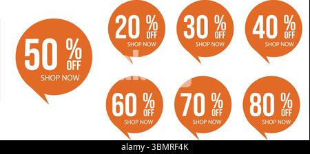 Orange Discount-Sprechblasen mit „jetzt kaufen“-Prozent-Etiketten Stock Vektor