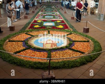 Alseno, Italien 22. Juni 2025 Touristen beobachten einen wunderbaren Blumenteppich, der Jesus Christus darstellt, der für das Fronleichnamsfest im Inneren der geschaffen wurde Stockfoto