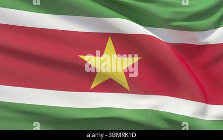 Die Nationalflagge von Suriname schwenkt. Hochdetailliertes 3D-Rendering mit Nahaufnahme Stockfoto