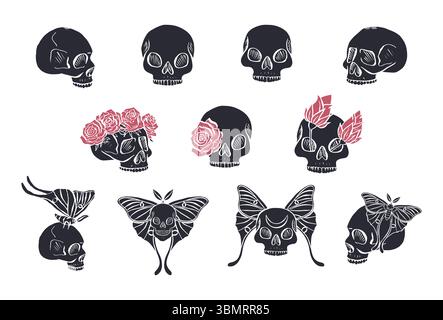 Handgezeichnete schwarze Silhouetten menschlicher Schädel mit luna Motten und Rosen Set Stock Vektor