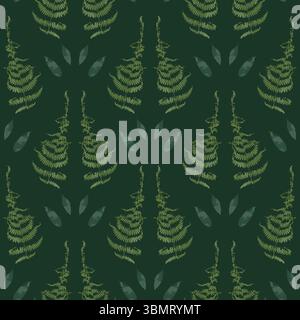 Nahtloses Muster mit getrockneten grünen Farnblättern auf dunklem Hintergrund. Tapete mit wilden Waldpflanzen. Boho-botanische Textur. Stock Vektor