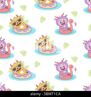 Nahtloses Muster mit Sommer niedlichem Monster Schwimmen auf aufblasbarem rosa Flamingo und Donut auf weißem Hintergrund mit tropischen Blättern. Strand lustige Kawaii Stock Vektor