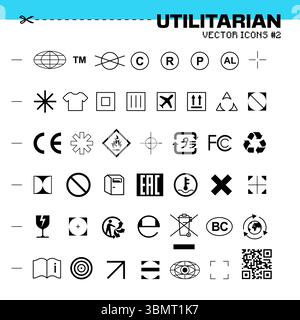 Sammlung von Vektorsymbolen, inspiriert von Etiketten für die Pflege von Kleidung, Recycling-Symbolen, Warnschildern und Verpackungsaufklebern. Brutalistischer und zweckmäßiger Stil für modernes Design. Vektor-EPS10. .. Stock Vektor