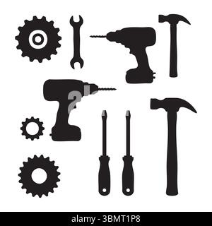 Silhouettensatz mit Werkzeugen auf weißem Hintergrund Stock Vektor