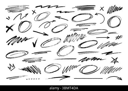 Set von handgezeichneten Vektorskribbeln isoliert. Kreisförmige Konturen, Unterstriche, Kreuze, Schraffuren, Pfeile, und Symbole wie Stern, Krone, Scheck und Hash. Perfekt für brutale, Punk- und maximalistische Designs. Vektor-EPS10-Grafiken. Stock Vektor