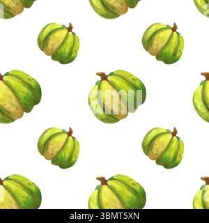 Nahtloses Herbstmuster mit orangefarbenen Blättern und Herbstkürbissen. Handgezeichnete Aquarellillustration von Gemüse und Pflanzen auf weißem Hintergrund. Für d Stockfoto