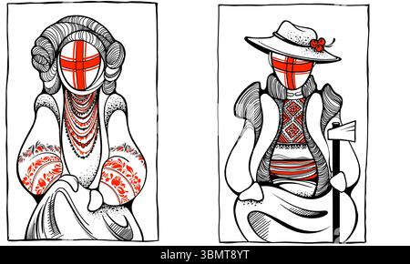 Stilisierte Schwarz-weiß-Illustrationen traditioneller ukrainischer Figuren mit leuchtenden roten Akzenten, mit Volkstrachten und komplizierten Mustern Stockfoto