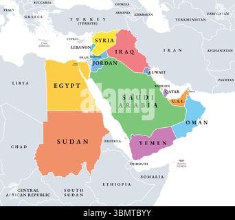 Maschrik, mehrfarbige politische Karte. Auch arabischer Maschrik genannt, das arabische Äquivalent für den Nahen Osten und den östlichen Teil der arabischen Welt. Stockfoto