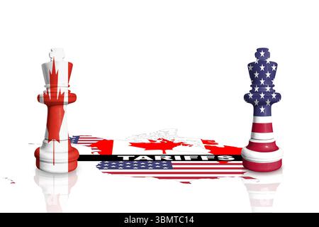 Kanada- und USA-Flaggenkarte auf der Betonwand mit WORTTARIFEN. Zoll, Handel, Zoll und Zölle Krieg Stockfoto