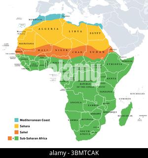 Sahara, Sahelzone und Afrika südlich der Sahara, politische Karte. Sahara, die größte heiße Wüste der Welt. Südlich davon liegt die Sahelzone, ein Teil Subsahara-Afrikas. Stockfoto