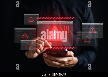 Warnung vor Cyberbedrohungen mit roten Warnsymbolen, die Online-Gefahren anzeigen. Stockfoto