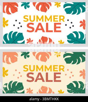 Sommerangebot Festlegen. Banner mit Monsterablättern, tropischem Motiv, hellen Farben. Grüne, rote und gelbe Elemente. Vektor-Illustration, modern und Retro-Stil. Stock Vektor