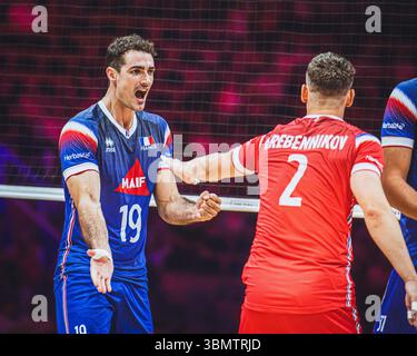 Italien gegen Frankreich während des FIVB Volleyball Nations League 2024 Herrenspiels am 28. Juni in Łódź, Polen. Stockfoto