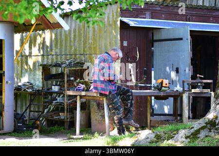 Älterer Mann in kariertem Hemd und Camo-Hose, der an Gartengeräten vor dem rustikalen Schuppen arbeitet. Sommer-Landschaft mit Werkstattwerkzeugen und Natur-SHA Stockfoto
