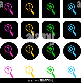 Eine Reihe von Symbolen für Kreativität, Ideen und Brainstorming. Lupe, Ausrüstung, Puzzle, Ausrufezeichen Stock Vektor