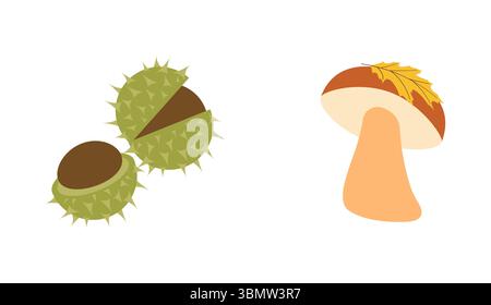 Flache Herbstsaison Icons Kastanien, Pilz mit gelbem Blatt im modernen Vektorstil Stock Vektor