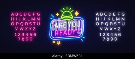 Leuchtender Summer und Sterne schmücken das Schild „BEREIT“. In gestapelten, farbenfrohen Neon-Schriften. Ideal für Countdown-Intros oder interaktive Szenen Stock Vektor