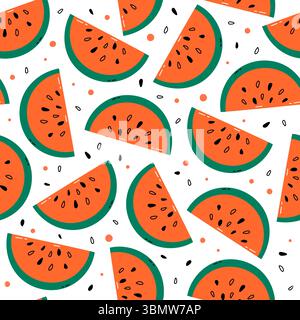 Nahtloses Wassermelonenmuster, Vektor-Hintergrund mit flachen bunten Fruchtscheiben und Samen. Wiederkehrendes Sommerdesign mit schlichtem Wassermelonenstück Stock Vektor