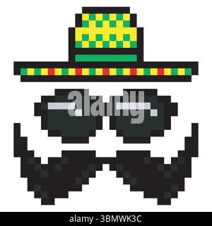 Pixelart Schnurrbart und Sonnenbrille Sombrero Hut Stock Vektor