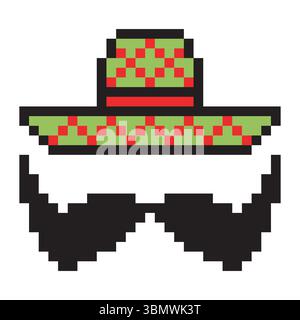 Pixel Art Schnurrbart und mexiko Sombrero Hut Stock Vektor