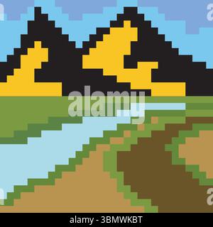 Berg- und Flusslandschaft im Pixel-Art-Stil Stock Vektor