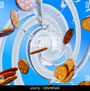 Runde Cracker fliegen in einer dynamischen, abstrakten Hochgeschwindigkeitsszene durch eine wirbelnde Milchspirale vor blauem Hintergrund Stockfoto