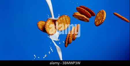 Goldene Kekse, die mitten in der Luft durch die Milch spritzen, vor einem leuchtend blauen Hintergrund. Dynamische Studioaufnahme mit süßen Snacks in Bewegung. Keine Personen Stockfoto