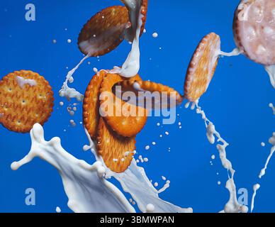 Goldene Kekse, die mitten in der Luft durch die Milch spritzen, vor einem leuchtend blauen Hintergrund. Dynamische Studioaufnahme mit süßen Snacks in Bewegung. Keine Personen Stockfoto