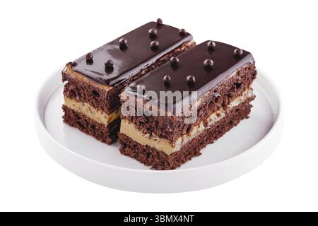 Stillleben, Stück Schokoladenkuchen mit Vanillecreme Stockfoto