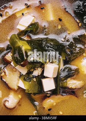 Essen Stillleben, Suppe mit Algen und Pilzen von oben Stockfoto