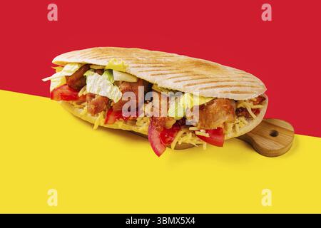 Stillleben, Pita-Brot gefüllt mit Huhn, Kohl, Tomaten, Paprika und Käse Stockfoto